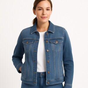 Betabrand Yoga Denim Jacket Four Way Stretch Indigo Smart Casual Classic Size XL